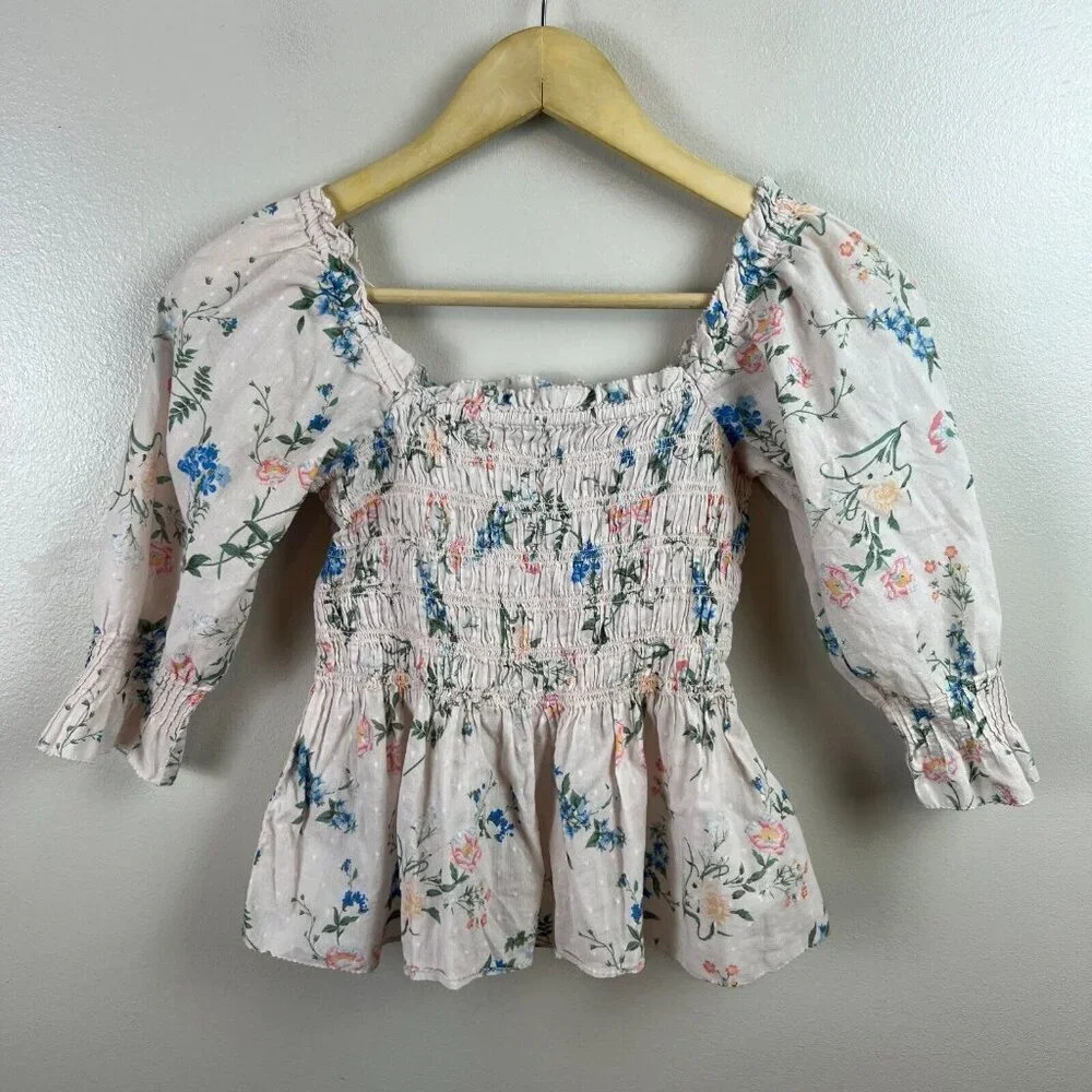 Saylor Clover Smocked Top Size XS Pink Floral Swiss Dot Peasant Cottagecore - Picture 2 of 9